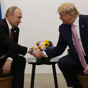 President-elect Donald Trump greets Russian President Vladimir Putin during their bilateral meeting at the G20 Osaka Summit 2019, in Osaka, Japan, on June 28, 2019.