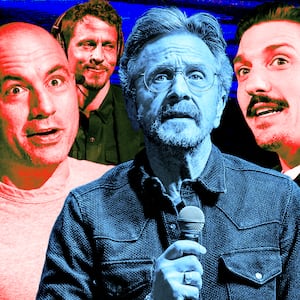 A photo illustration of Joe Rogan, Tony Hinchcliffe, Marc Maron, and Andrew Schulz.
