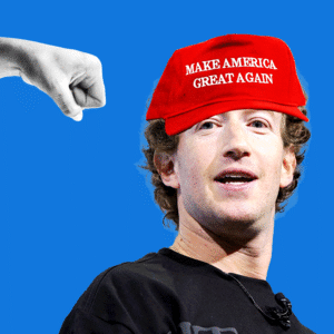 Mark Zuckerberg with a MAGA hat being flicked off