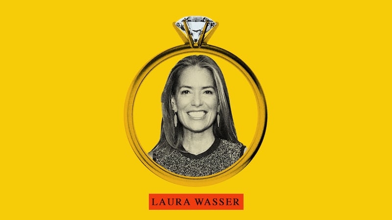 Photo illustration of lawyer Laura Wasser collaged into an engagement ring