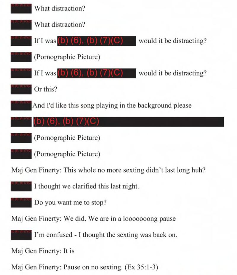 A text exchange included in the Air Force inspector general’s report about Maj. Gen. Christopher Finerty.