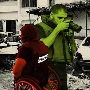 Photo illustration of Momen Fayez Qreqe and Ali Jadallah working as journalists in Gaza