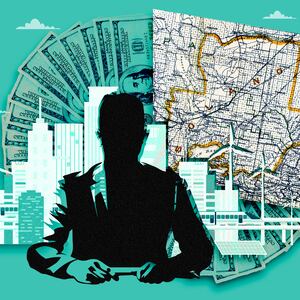 An illustration of a businessman silhouette, futuristic skyline, money, and map of Solano County, California.