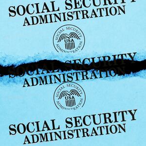 A photo illustration of the Social Security Administration seal on a torn piece of paper.