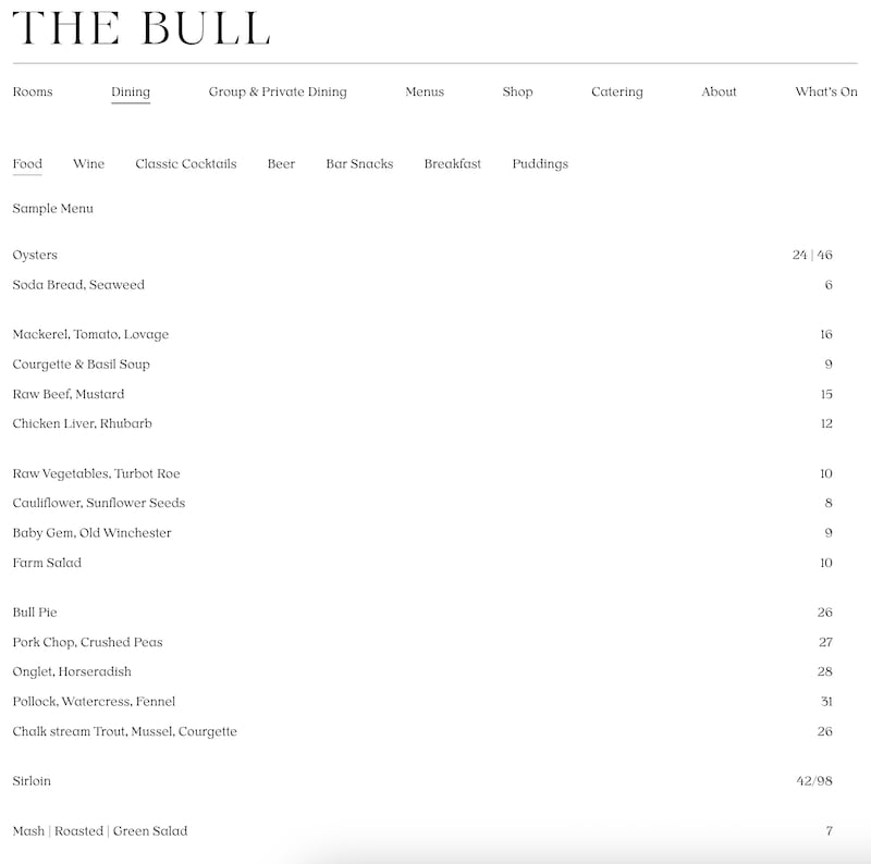 Menu at The Bull, Charlbury, Oxfordshire