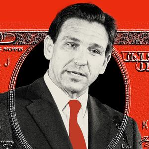 Photo illustration of Governor Ron DeSantis (R-FL) on a red background with an overlay of the $100 bill