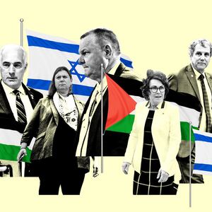 A photo illustration of Sen. Jon Tester, Sen. Bob Casey, Sen. Sherrod Brown, Rep. Elissa Slotkin, Sen. Jacky Rosen with Israel and Palestinian flags between them.
