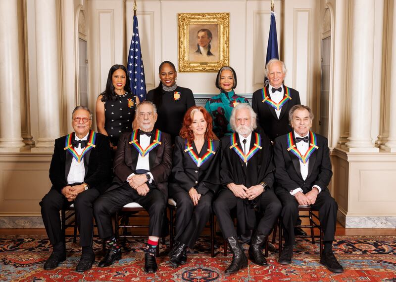 (Top row) Michelle Ebanks, Kamilah Forbes, Jonelle Procope, Bill Kreutzmann. Pictured (L-R bottom row) Arturo Sandoval, Francis Ford Coppola, Bonnie Raitt, Bob Weir, Mickey Hart were recognized for their achievements in the performing arts during THE 47TH ANNUAL KENNEDY CENTER HONORS, which will broadcast Sunday, Dec. 22, 2024.