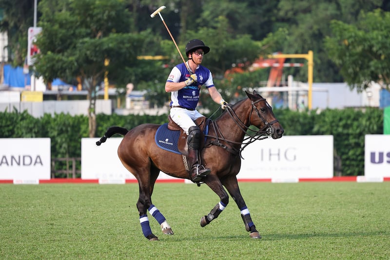 Prince Harry, The Duke of Sussex, Co-Founding Patron of Sentebale plays polo during the Sentebale ISPS Handa Polo Cup on Aug. 12, 2023 in Singapore.