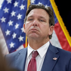 Florida Gov. Ron DeSantis looking exasperated during a press conference on April 10, 2025 in Miami, Florida.