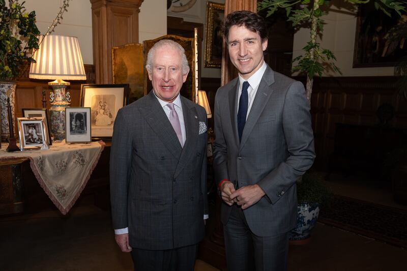 KING'S LYNN, ENGLAND - MARCH 3: King Charles III meets Canadian Prime Minister Justin Trudeau at the Sandringham Estate in Norfolk on March 3, 2025 in King's Lynn, England.