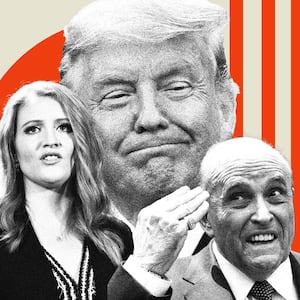 Photo illustration of a smiling Donald Trump collaged behind Jenna Ellis and Rudolph Giuliani with red detailing in the background.