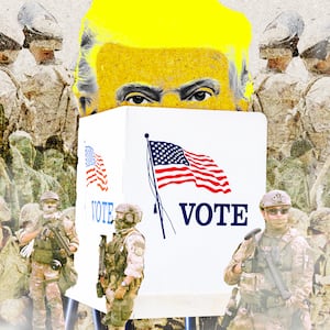 A photo illustration of President Donald Trump, an Election day booth, and military members.