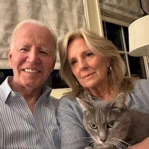 Joe Biden with Jill Biden and a cat, a photo issued in his first statement about his cancer diagnosis.