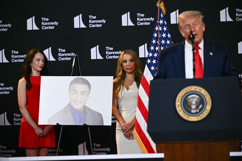 President Donald Trump speaks while unveiling actor Sylvester Stallone as one of the Kennedy Center Honorees on August 13, 2025 at the Kennedy Center in Washington, DC.