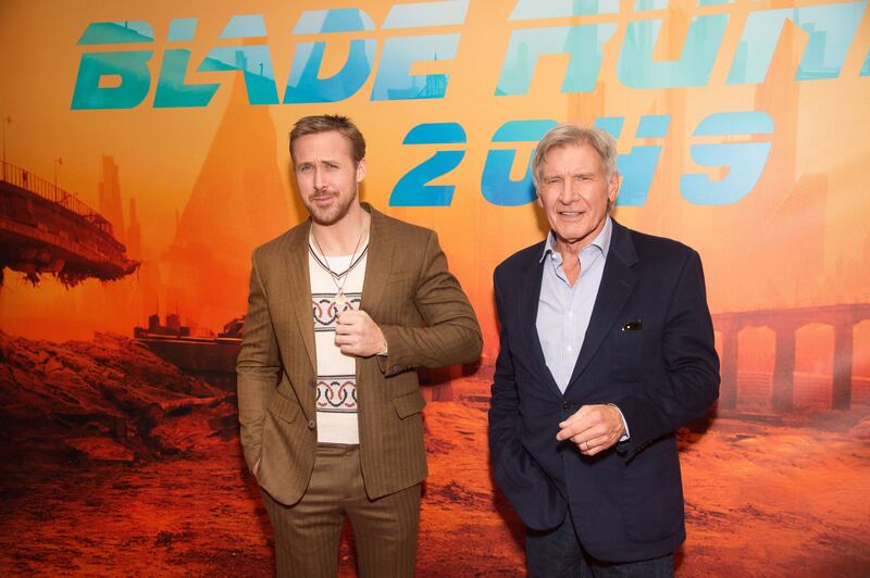 Actors Ryan Gosling and Harrison Ford promote the Blade Runner sequel, Blade Runner 2049, in 2017.
