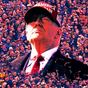 A photo illustration of President Donald Trump and a crowd of his supporters during a rally.