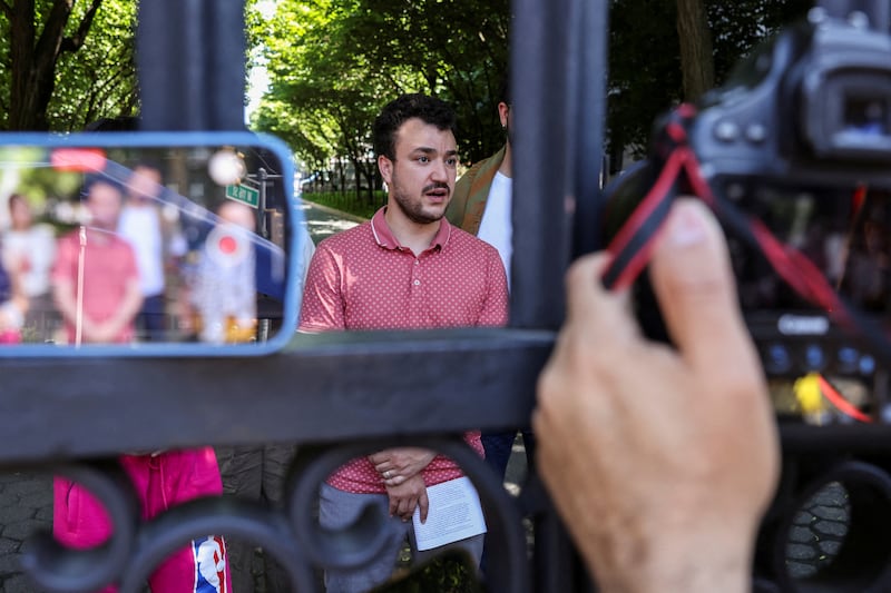Mahmoud Khalil speaks to members of media about the "Revolt for Rafah" encampment at Columbia University in New York City on  June 1, 2024.