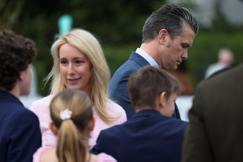 Defense Pete Hegseth and his wife Jennifer Rauchet attend the annual White House Easter Egg Roll event, on the South Lawn of the White House, the morning after news broke of his second alleged security breach.