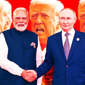 A photo illustration of President Donald Trump, Narendra Modi and Vladimir Putin.