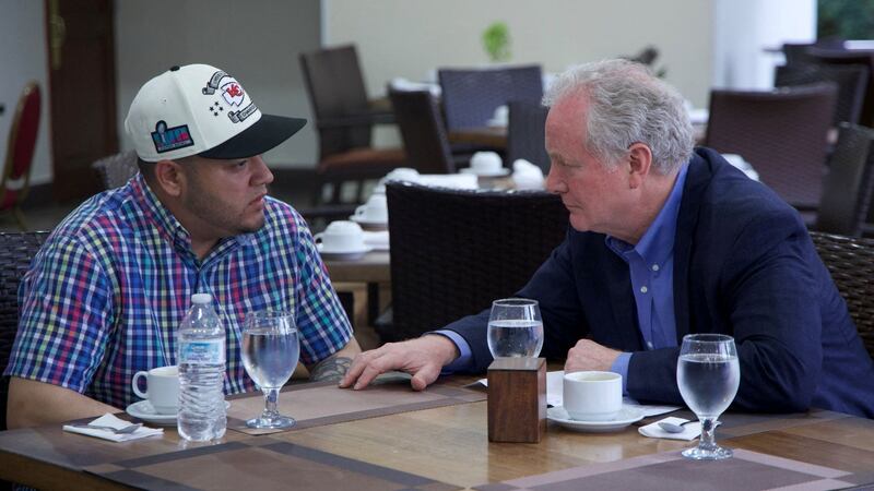Democratic Senator Chris Van Hollen meets Kilmar Abrego Garcia, a man wrongly deported to El Salvador by the Trump administration, in an image released April 17, 2025.
