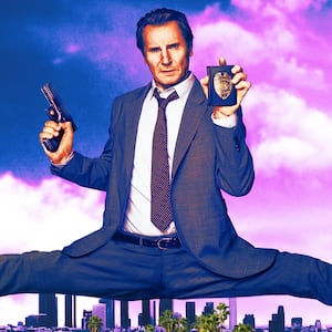 A photo illustration of Liam Neeson playing Frank in "The Naked Gun."