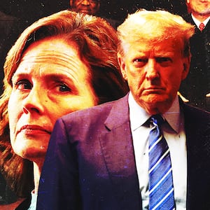 A photo illustration of Supreme Court justice Amy Coney Barrett and President Donald Trump.