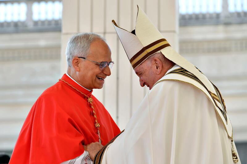 Pope Francis, right, appoints as new cardinal U.S-born prelate prefect of the Dicastery for Bishops, Robert Francis Prevost during the Ordinary Public Consistory for the Creation of new Cardinal at St. Peter's Square on Sept. 30, 2023 in Vatican City, Vatican.
