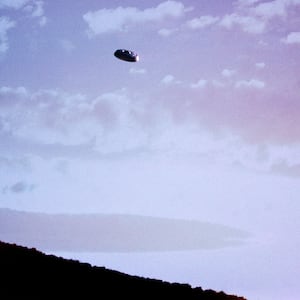 1980s Unidentified Flying Object Ufo In Hazy Sky Alien Saucer Space Ship Science Fiction Sci-Fi Suspicious Aerial Phenomenon.