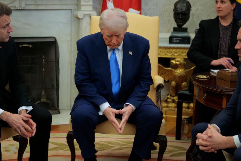 President Donald Trump hosts French President Emmanuel Macron for meetings in the Oval Office at the White House.