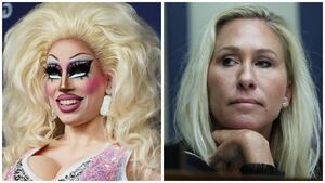 Drag queen Brigitte Bandit and Rep. Marjorie Taylor Greene.