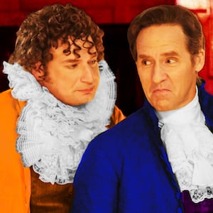 Brandon Scott Jones as Isaac and Nat Faxon as Alexander Hamilton.