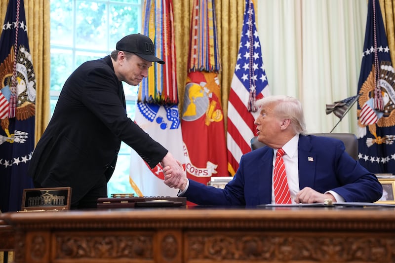 Elon Musk shook hands with President Donald Trump as he prepared to leave the White House after a four-month stint as a special government employee, where he lead the Department of Government Efficiency (DOGE)'s mission to slash government spending.