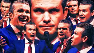 A photo illustration of Pete Hegseth's senate hearing for Secretary of Defense.
