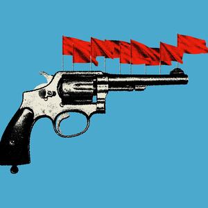 Photo illustration of a revolver with red flags on top of it