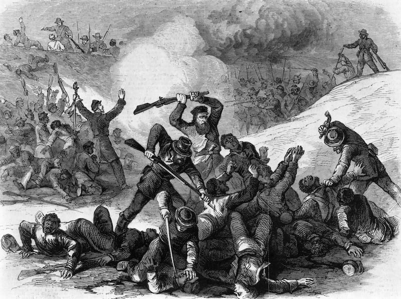 Confederate cavalrymen, led by Nathan Bedford Forrest, later the first Grand Wizard of the Ku Klux Klan, killing unarmed black Union soldiers after the surrender of Fort Pillow in Tennessee.