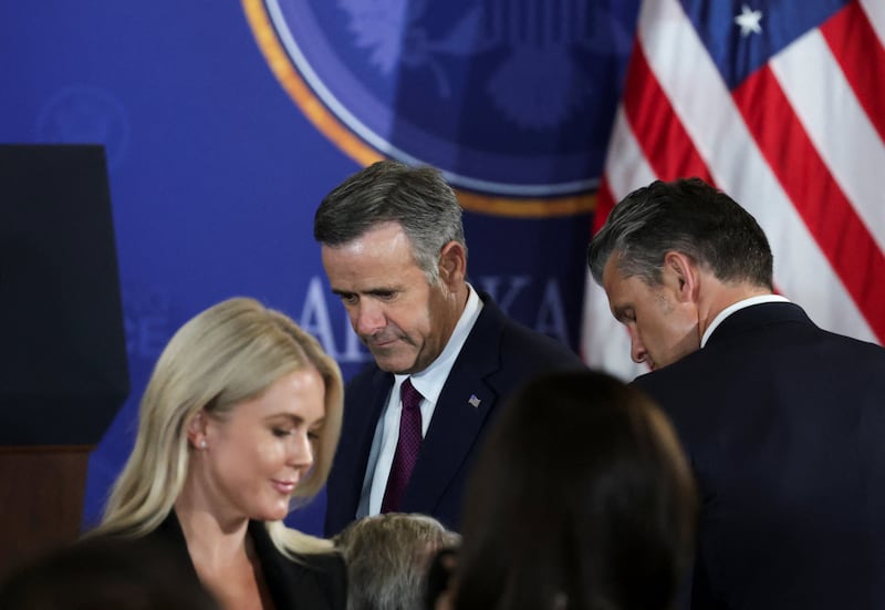 White House Press Secretary Karoline Leavitt, CIA Director John Ratcliffe, and Defense Secretary Pete Hegseth gather ahead of a joint press conference by President Donald Trump and Russian President Vladimir Putin, following the leaders' three-hour meeting.