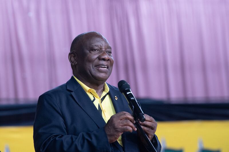 South African President and president of the ruling African National Congress (ANC) Cyril Ramaphosa addresses supporters as part of the ANC's 113th anniversary celebrations at the Athlone Civic Centre in Cape Town on January 8, 2025.