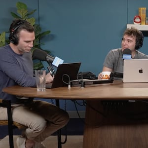 (L-R) Jon Favreau, Jon Lovett, and Tommy Vietor in a Jan. 7, 2025 episode of 'Pod Save America.'