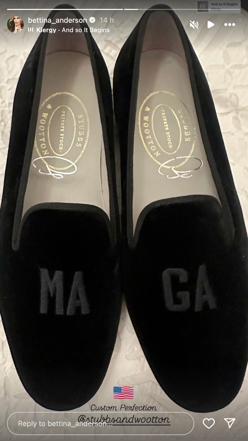 An Instagram story by Bettina Anderson shows off a new pair of custom MAGA slippers.