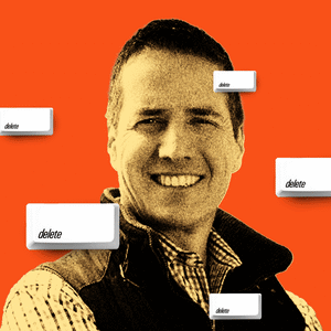 A photo illustration of Bernie Moreno on an orange background with delete buttons going up and down around him