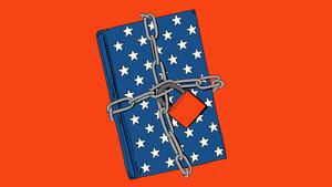 Illustration of a blue book with stars chained up with an eye blinking on the lock