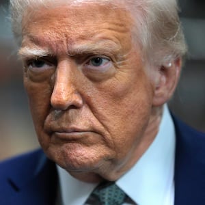 President Donald Trump speaks to the media during a guided tour of the John F. Kennedy Center for the Performing Arts before leading a board meeting on March 17, 2025 in Washington, DC.