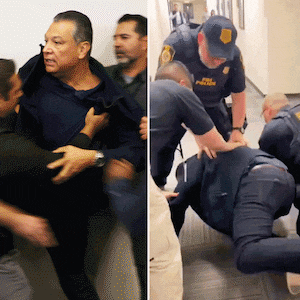 A photo composite of U.S. Sen. Alex Padilla is pushed out and arrested as Homeland Security Secretary Kristi Noem holds a news conference in Los Angeles on June 12.