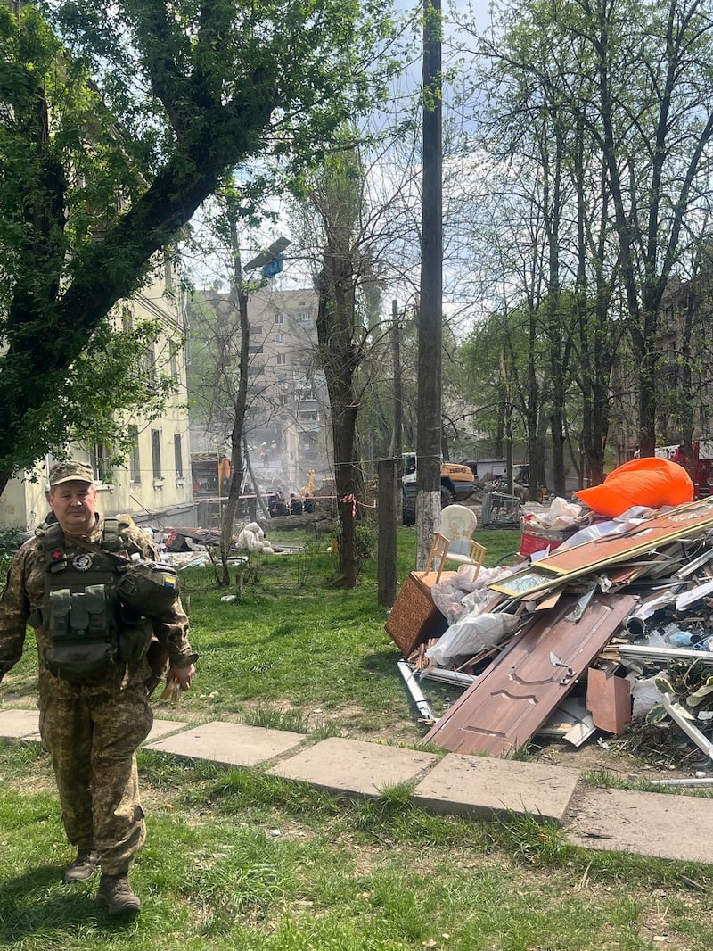 The remains of a bombed residential building in Kviv.