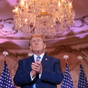 Donald Trump greets supporters after speaking at an election-night watch party at Mar-a-Lago on March 5, 2024 in West Palm Beach, Florida.