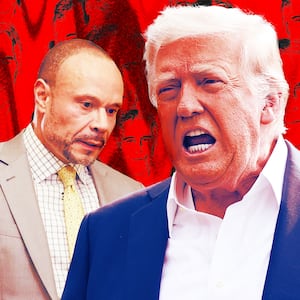 A photo illustration of Dan Bongino, Donald Trump, and faces of Jeffrey Epstein.