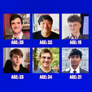 A photo illustration of DOGE Akash Bobba, - 21 / Edward Coristine, - 19  / Luke Farritor -  23 / Gautier Cole Killian -  24 / Gavin Kliger - 25 / Ethan Shaotran 22
