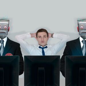 Relaxed businessman between stressed robots