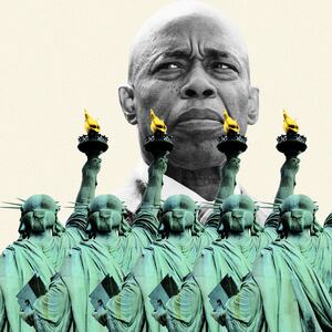 An illustration including a photo of New York City Mayor Eric Adams and The Statue of Liberty